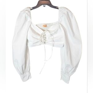 Highlight White Puff Sleeve Ruched Tie Front Crop Top Women's Size Medium